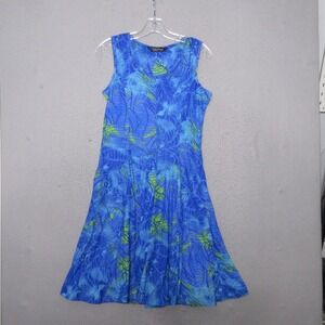 Tango Mango Dress XS Blue Green Tropical Leaf Print Beach Vacation Fit & Flare